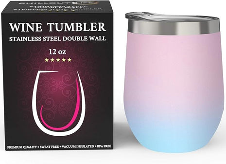 CHILLOUT LIFE 12 oz Stainless Steel Wine Tumbler with Lid - Double Wall Vacuum Insulated Wine Cup Glass Keeping Cold & Hot for Coffee, Champagne, Cocktails, Ice Cream - Powder Coated Pink/Teal