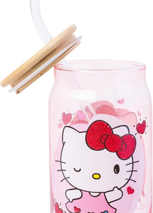 Silver Buffalo Sanrio Hello Kitty and Friends Featuring Dear Daniel 2 Pack Glass Jar Tumbler with Bamboo Lid and Glass Straw, 16 Ounces
