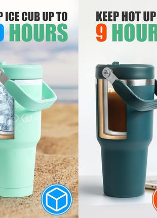 30 oz Flip Straw Tumbler, Stainless Steel Vacuum Insulated Tumblers with Handles, Reusable Insulated Water Bottle for Home, Office, Leakproof, Fit in Cup Holder