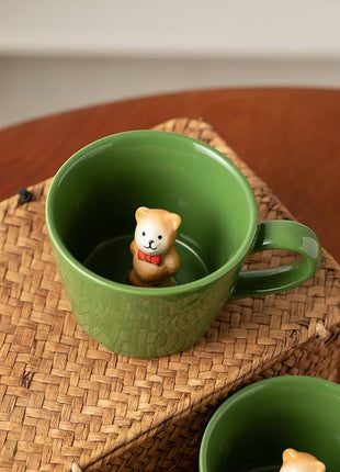DIHOclub Bow Tie Bear Coffee Cup Hidden Ceramic Animal Inside Mug,Cute Cartoon Handmade Figurine Mugs,Holiday and Birthday Gift for Coffee Milk Tea Lovers,12 Oz(Green)