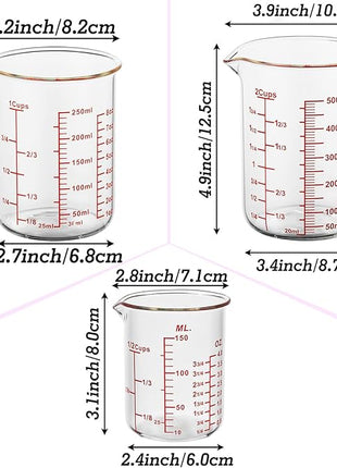 3 Piece Glass Measuring Cup Set, Includes 1/2-Cup, 1-Cup, and 2-Cup High Borosilicate Glasss Liquid Measuring Cups, Dishwasher, Freezer, Microwave, and Preheated Oven Safe, Essential Kitchen Tools
