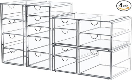 Makeup Organizer Storage With 16 Drawers, 4 Pcs Desktop Office Supplies, Desk Organizers, Clear Accessories, Dustproof Storage Drawer and for Make Up, Jewelry, Pen, Stationary