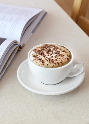 LE TAUCI 6 oz Cappuccino Cups with Saucers, Ceramic Coffee Cup for Au Lait, Double shot, Latte, Cafe Mocha, Tea - Set of 4, White