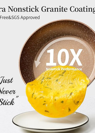 Innwewell Non Stick Frying Pan - Granite Stone Non Stick Skillet Frying Pans, Safe&No Toxic Egg Omelette Frying Pan, Nonstick Cookware Cooking Pan, Induction Compatible, PFOA Free(9.5inch, Gold)