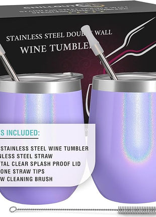 CHILLOUT LIFE 12 oz Stainless Steel Wine Tumblers 2 Pack - Double Wall Vacuum Insulated Wine Glasses Cups with Lids and Straws Set Keeping Cold & Hot for Coffee, Beer, Ice Cream - Purple Sparkle
