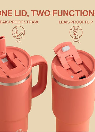 ENCOOL 32 oz Tumbler with Handle and Straw: Stainless Steel Insulated Tumbler Keeps Cold for 24 Hours, Leakproof Travel Cup Fits in Cup Holder and BPA-Free,Tawny Orange