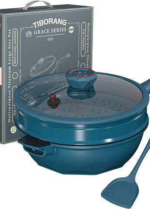 TIBORANG 8 in 1 Multipurpose 11 Inch 5 Quart Heat Indicator Nonstick Deep Frying Pan with Glass Lid,Steamed Grid,PFOA-Free,Dishwasher&Oven Safe,Works with All Stovetops (Dark Teal)