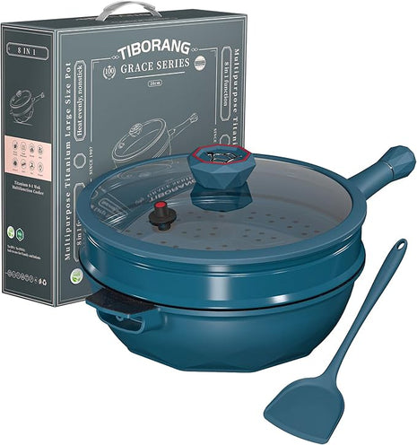 TIBORANG 8 in 1 Multipurpose 11 Inch 5 Quart Heat Indicator Nonstick Deep Frying Pan with Glass Lid,Steamed Grid,PFOA-Free,Dishwasher&Oven Safe,Works with All Stovetops (Dark Teal)
