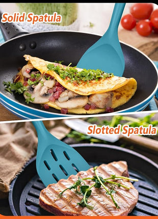 Pack of 2 Silicone Spatula, Non Stick Cooking Utensil Set Wooden Handle Kitchen Turner for Baking Mixing Grilling Serving Food Heat Resistant Non Scratch Hooks Included (Blue)