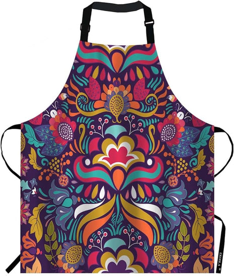 EKOBLA Vintage Flower Aprons Decorative Paisley Colorful Floral Pattern Bright Ornament Waterproof Resistant Chef Cooking Kitchen BBQ Adjustable Aprons for Women Men 27x31 Inch
