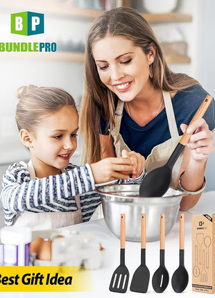 Pack of 4 Silicone Cooking Utensils Set, Non Stick Solid Spatulas and Heat Resistant Slotted Spoons with Wooden Handle, Ideal Wood Kitchen Utensils Set for Frying,Serving,Turning,Stirring (BLACK)