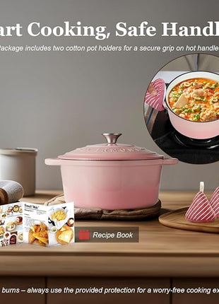 Overmont Enameled Cast Iron Dutch Oven - 7QT Pot with Lid Cookbook & Cotton Potholders - Heavy-Duty Cookware for Braising, Stews, Roasting, Bread Baking pink