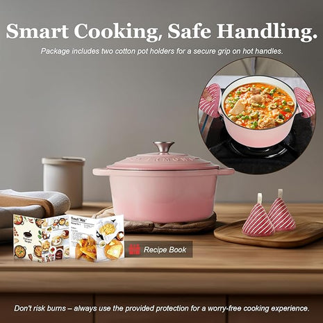 Overmont Enameled Cast Iron Dutch Oven - 7QT Pot with Lid Cookbook & Cotton Potholders - Heavy-Duty Cookware for Braising, Stews, Roasting, Bread Baking pink