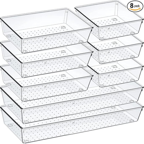 Criusia Drawer Organizer Set, Acrylic Non Slip Non Cracking Kitchen Drawer Storage Tray Large Size Divider, Multifunctional Storage for Cosmetics, Bathroom, Tools, Kitchen and Office (8 PACK)