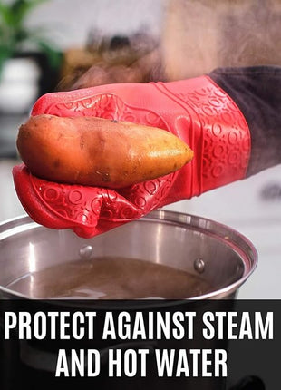 Homwe Silicone Oven Mitts and Potholders (4-Piece Sets) Heavy Duty Cooking Gloves, Kitchen Counter Safe Trivet Mats | Advanced Heat Resistant, Non-Slip Textured Grip Pot Holders(Red)