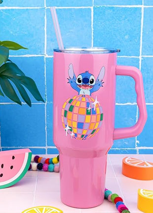 Silver Buffalo Disney Lilo and Stitch Life is a Party Disco Ball Stainless Steel Tumbler with Handle and Straw, Fits in Standard Cup Holder, 40 Ounces