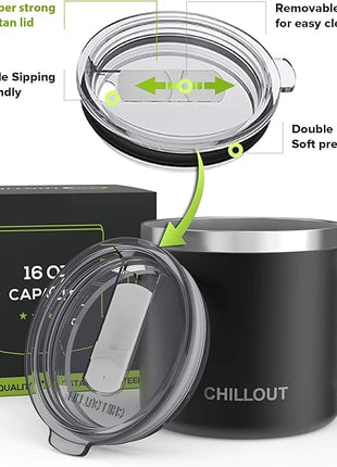 CHILLOUT LIFE Stainless Steel 16 oz Vacuum Insulated Coffee Mug with Handle and Lid, Large Thermal Camping Coffee Mug Cup with Durable Sliding Lid for Men & Women, Keeps your Beverages Hot &Cold