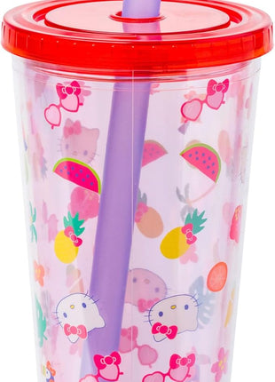 Silver Buffalo Sanrio Hello Kitty Tropical Summer Plastic Boba Tumbler with Lid and Wide Straw, 24 Ounces