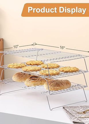 Cooling Rack for Baking 3 Tiers, 16" x 10" Cookie Cooling Wire Rack Stackable Collapsible Nonstick, Stainless Steel Baking Cooking Cooling Racks with Optimum Air Flow, Silver