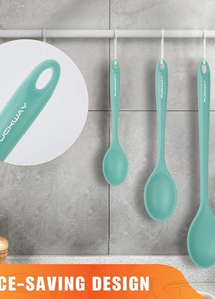 3 Pcs Silicone Spoons Set of 7.9 10.6 14.2 inch for Cooking, Heat Resistant Kitchen Spoons for Mixing, Stirring, and Serving, Small to Large Non Stick (Green)