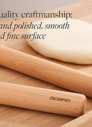 GOBAM Wood Rolling Pin, Medium - Dough Roller for Pasta, Cookies, Pie, Pizza, Chapati, Fondant, Rolling Pins for Baking, Bread Making Tools and Supplies - 13 x 1.38 Inches