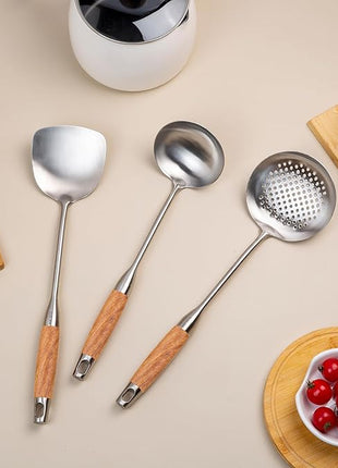 FJNATINH Wok Utensils for Carbon Steel, Stainless Steel Wok Spatula Metal Set, 6-Pieces 13-15 Inch Extra Long, Wok Tools Professional Set, Wooden Handle Skimmer, Soup Ladle, Slotted Turner