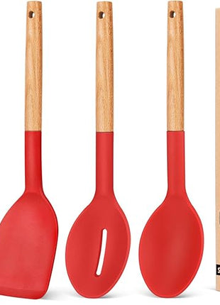 Pack of 4 Silicone Cooking Utensils Set, Non Stick Solid Spatulas and Heat Resistant Slotted Spoons with Wooden Handle, Ideal Wood Kitchen Utensils Set for Frying,Serving,Turning,Stirring (RED)