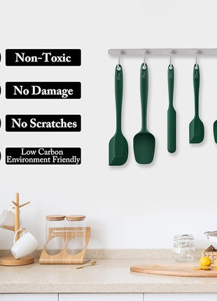 HOTEC 600℉ Heat Resistant BPA-Free Silicone Rubber Spatula Set,Kitchen Cooking Spatulas, Baking, Mixing for Non Stick Cookware, Dishwasher Safe, Dark Green Set of 5