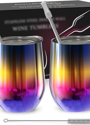 CHILLOUT LIFE 12 oz Stainless Steel Wine Tumblers 2 Pack - Double Wall Vacuum Insulated Wine Glasses Cups with Lids and Straws Set Keeping Cold & Hot for Coffee, Beer, Ice Cream - Colorful Rainbow