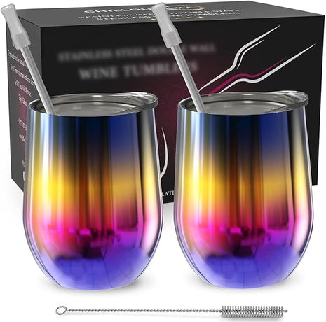 CHILLOUT LIFE 12 oz Stainless Steel Wine Tumblers 2 Pack - Double Wall Vacuum Insulated Wine Glasses Cups with Lids and Straws Set Keeping Cold & Hot for Coffee, Beer, Ice Cream - Colorful Rainbow