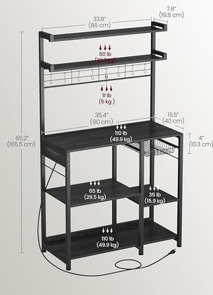 VASAGLE Bakers Rack with Power Outlet, 35.4 Inches Microwave Stand, Coffee Bar, 4 AC Outlets, with Adjustable Shelves, 8 S-Hooks, Basket, Spice Racks, Charcoal Gray and Ink Black UKKS031B22