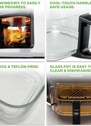 Nutrichef 5.8 Quart Air Fryer | 8-1 Preset Cook Modes | Transparent Fry Bowl for Best Cooking Results | Cook Shrimp, Steak, Fries, Wings, Chicken & More | Precise Temperature Control & Time | White