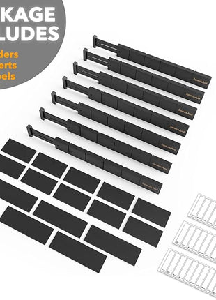 SpaceAid Bamboo Drawer Dividers with Inserts and Labels, Kitchen Adjustable Drawer Organizers, Expandable Organization for Home, Office, Dressers, 7 Dividers with 15 Inserts (17"-22" Black)