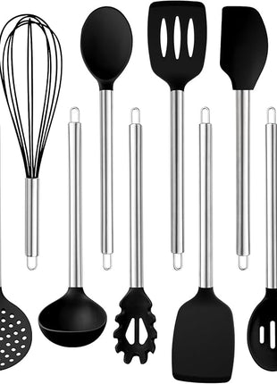 COOK WITH COLOR Silicone Cooking Utensils, Kitchen Utensil Set, Easy to Clean Silicone Kitchen Utensils, Cooking Utensils for Nonstick Cookware, Kitchen Gadgets Set, 10 Pieces, Black