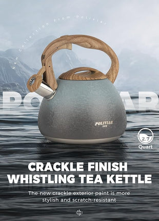 POLIVIAR Tea Kettle, 2.7 Quart Stovetop Tea Kettle, Audible Whistling Teapot with Crackle Finish, Food Grade Stainless Steel for Anti-Rust, Anti Hot Handle, Suitable for All Heat Sources (JX2023-LYL)