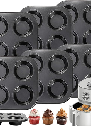 6 Pack Air Fryer Muffin Pan, 4 Cup Non-Stick Small Oven Cupcake Baking Pan, Carbon Steel Round Muffin Tin Bakeware Cake Mould for Egg Muffin, Quiches, Frittatas