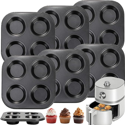 6 Pack Air Fryer Muffin Pan, 4 Cup Non-Stick Small Oven Cupcake Baking Pan, Carbon Steel Round Muffin Tin Bakeware Cake Mould for Egg Muffin, Quiches, Frittatas