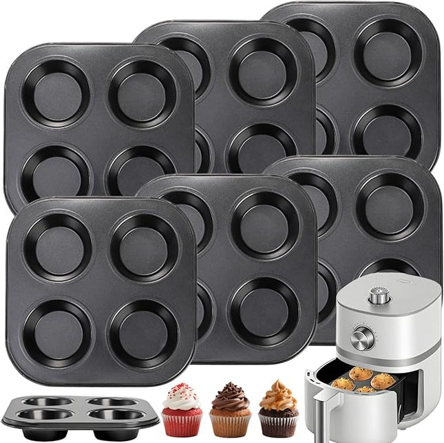6 Pack Air Fryer Muffin Pan, 4 Cup Non-Stick Small Oven Cupcake Baking Pan, Carbon Steel Round Muffin Tin Bakeware Cake Mould for Egg Muffin, Quiches, Frittatas