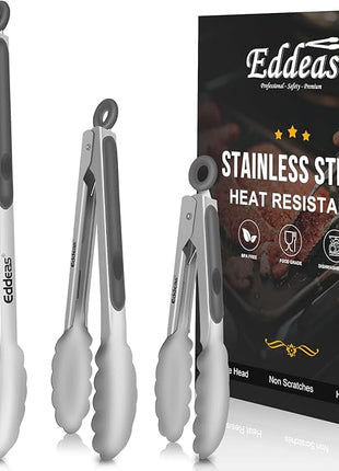 Tongs For Cooking - Heat Resistant 600 Degrees Stainless Steel Kitchen Tong,Heavy Duty Metal Locking Tongs - Perfect for Food, BBQ set of 3 (7",9" and 12") Grey