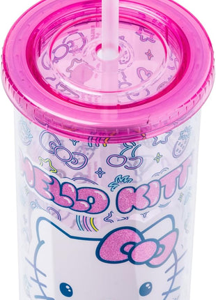 Silver Buffalo Sanrio Hello Kitty Neon Fruit Pattern Plastic Cold Cup with Lid and Straw, 20 Ounces