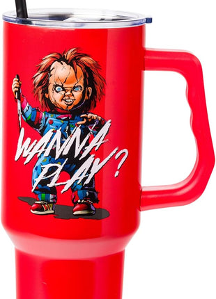 Silver Buffalo Chucky Wanna Play Stainless Steel Tumbler with Handle and Straw, Fits in Standard Cup Holder, 40 Ounces