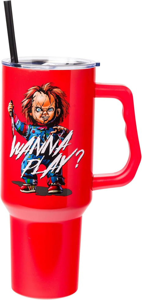 Silver Buffalo Chucky Wanna Play Stainless Steel Tumbler with Handle and Straw, Fits in Standard Cup Holder, 40 Ounces