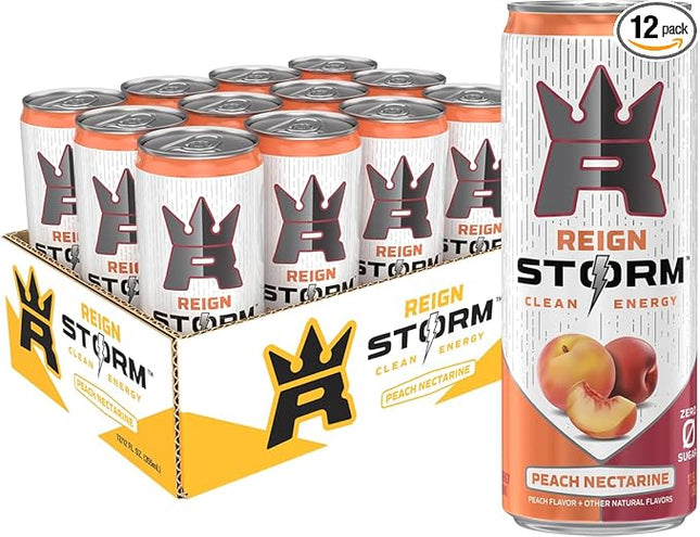 REIGN Storm, Peach Nectarine, Fitness & Wellness Energy Drink, 12 Fl Oz | Pack of 12