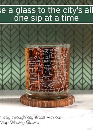 Greenline Goods Whiskey Glasses - 10 Oz Tumbler Gift Set for San Francisco lovers, Etched with San Francisco Map | Old Fashioned Rocks Glass - Set of 2
