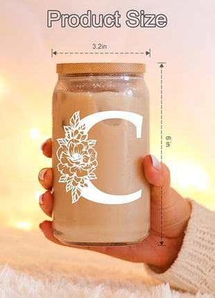 Coolife Initial Glass Cup, Monogrammed Gifts for Women, 16 oz Glass Cups w/Lids Straws, Iced Coffee Smoothie Beer Tumbler w/Straw Lid - Personalized Christmas, Birthday Gifts for Her Mom Friend Woman