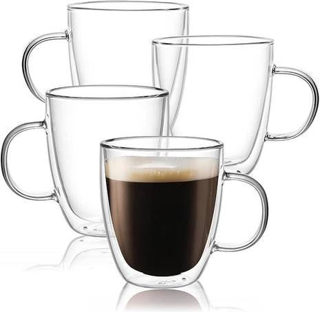 CNGLASS Large Glass Coffee Mugs 17oz,Double Walled Insulated Clear Coffee Cups with Handle,Clear Espresso Mugs for Cappuccino,Latte,Tea Bags,Hot and Cold Beverages,Set of 4
