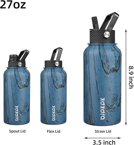 BJPKPK Insulated Water Bottles with Straw Lid, 27oz Stainless Steel Water Bottle with 3 Lids, Leak Proof BPA Free Metal Thermo, Mugs, Tumblers, Keep Cold Hot - Wood Prussian Blue