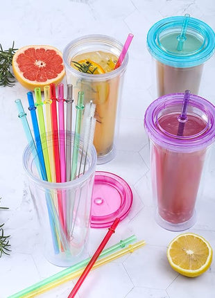 24 PCS, Reusable Straws with 4 Brushes, 10.5" Long Tritan Hard Plastic Straws, 12 Colors Translucent Replacement Drinking for 16OZ-32 OZ Tumblers, Cups, Jars, Stanley, YETI, Starbucks, BPA Free