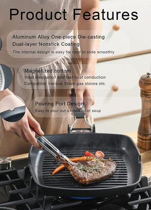 SKITCHN Nonstick Grill Pan With Folding Handle - Induction Compatible KBBQ Pan for Stove Tops, Indoor Square BBQ Grilling With Pour Spouts - 11 in