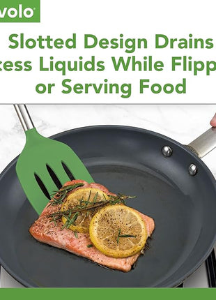 Tovolo Silicone Slotted Turner With Stainless Steel Handle, Pancake Spatula, Scratch-Resistant Kitchen Utensil for Nonstick Cookware & Cast Iron Skillets, Pesto, 1 Count